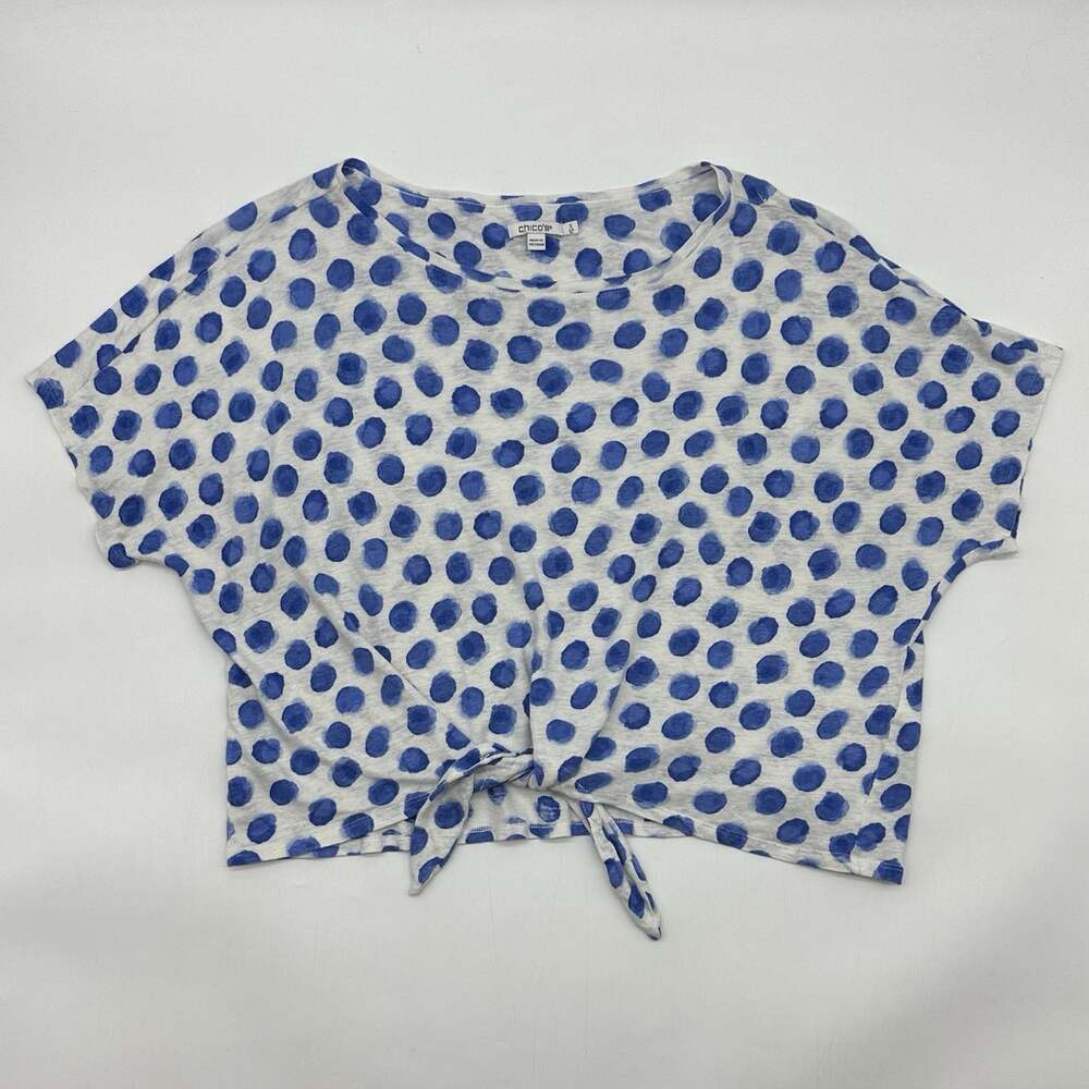 Chico's Size 3 / US XL White Blue Polka Dot Linen Tie Front Beach Blouse Tee Top